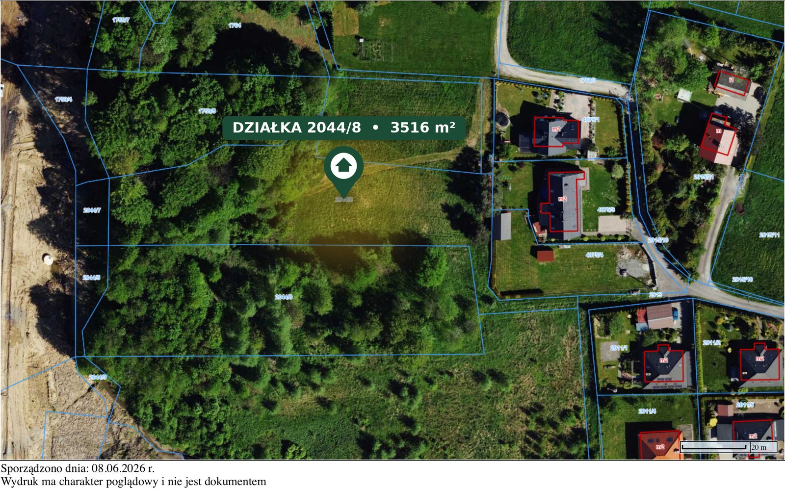 Mapa z zaznaczoną działką nr 2044/8 w Hałcnowie (ortofotomapa)